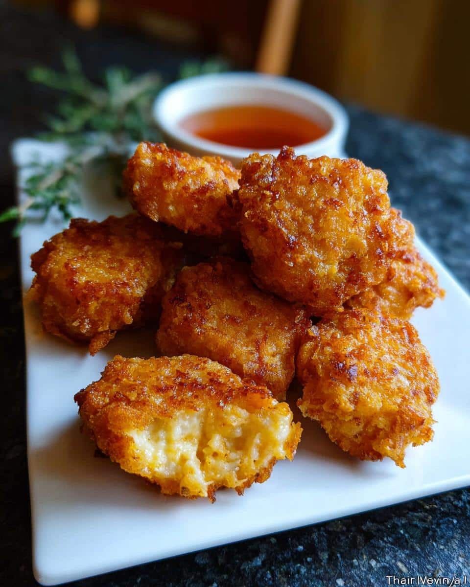A plate of crispy, golden-brown Carnivore-Style Chicken Nuggets, one broken open showing the white interior.