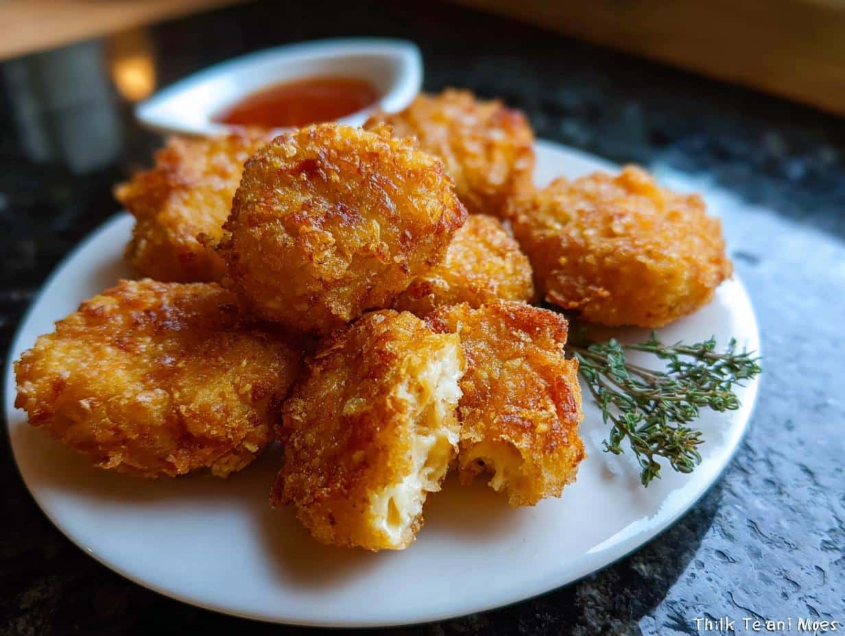 Close-up of golden-brown Carnivore-Style Chicken Nuggets served on a white plate with a sprig of thyme.