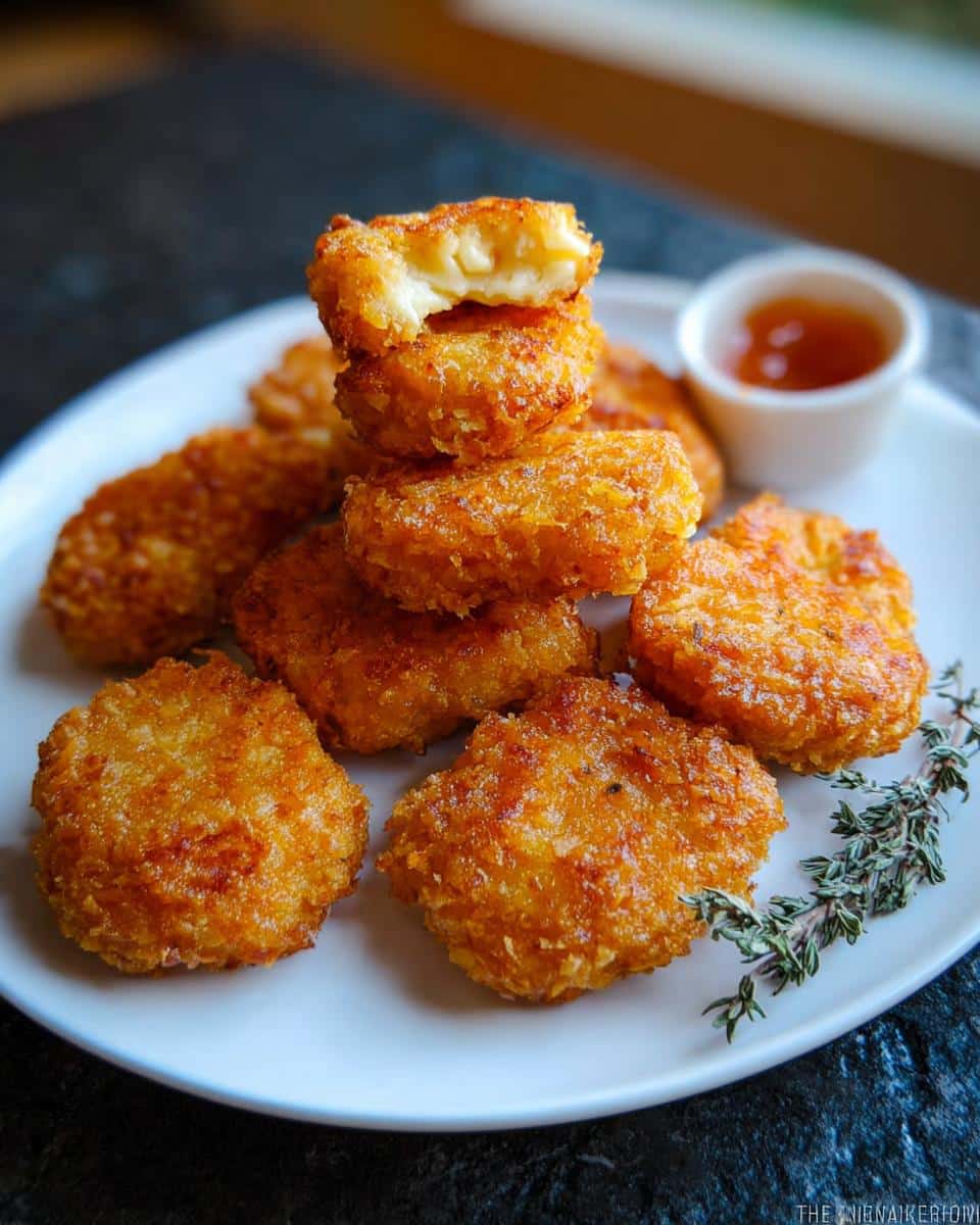 A stack of golden brown Carnivore-Style Chicken Nuggets on a white plate, one nugget broken open showing the interior.