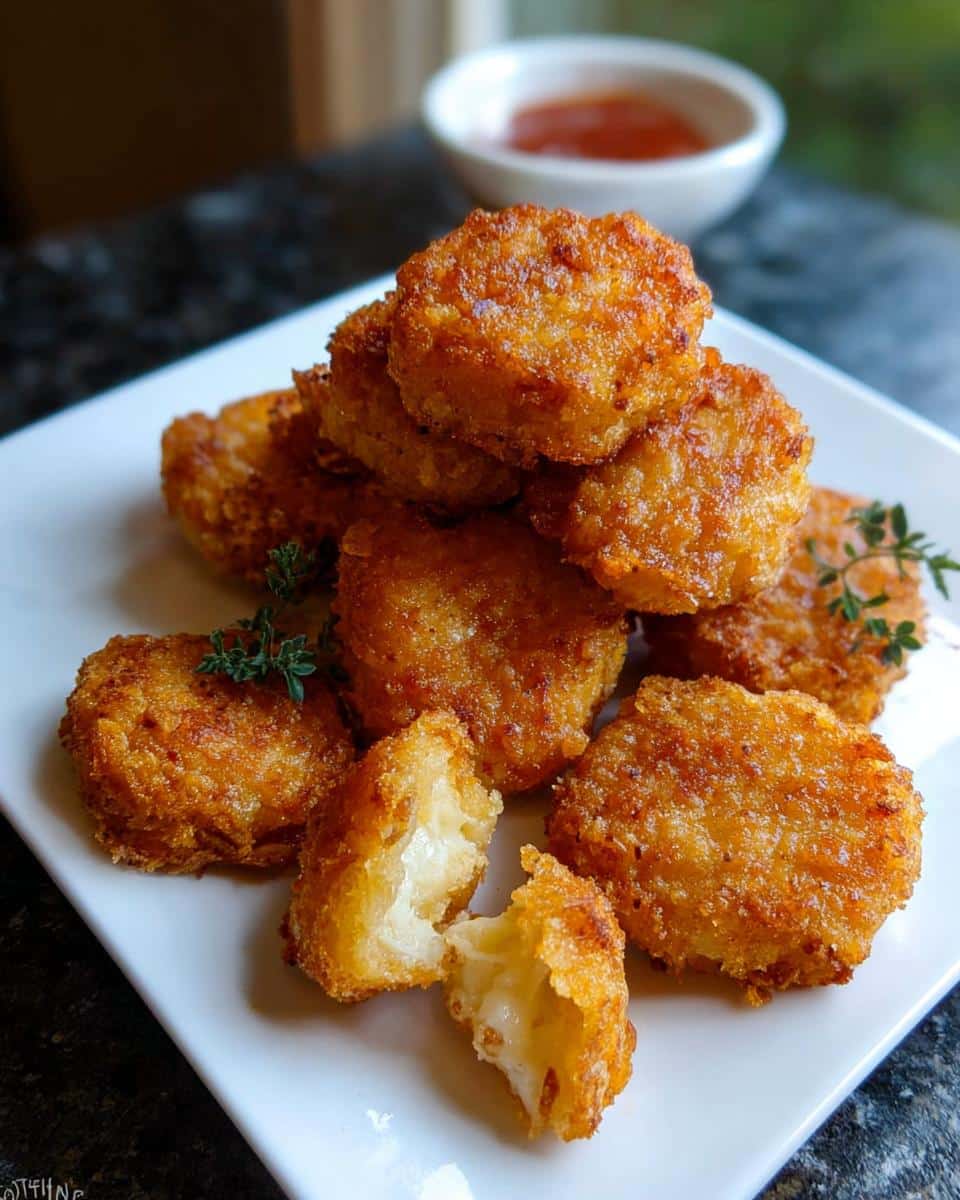 A stack of golden-brown Carnivore-Style Chicken Nuggets on a white plate, one nugget broken open showing the interior.