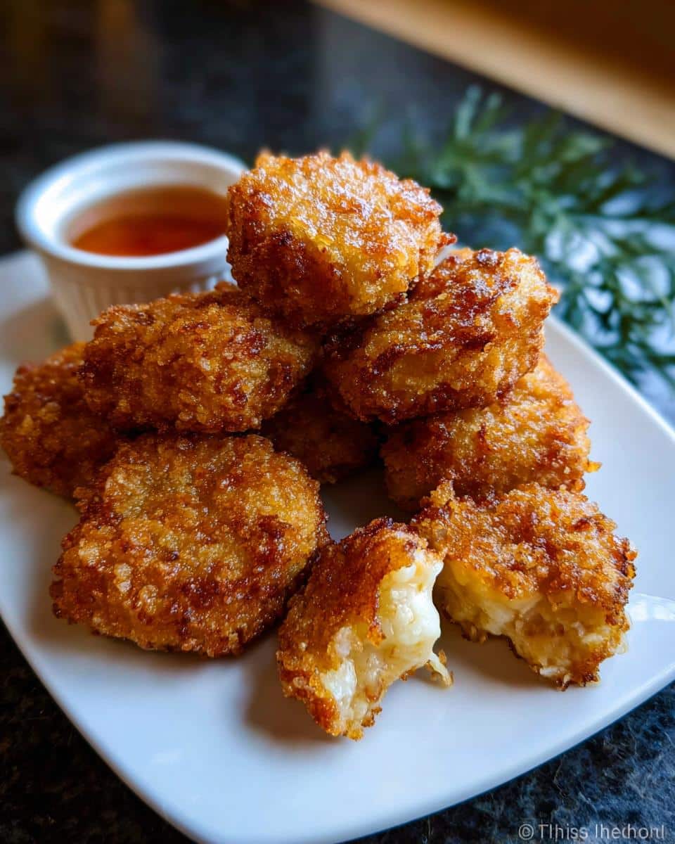 A stack of golden-brown, crispy Carnivore-Style Chicken Nuggets on a white plate with a dipping sauce.