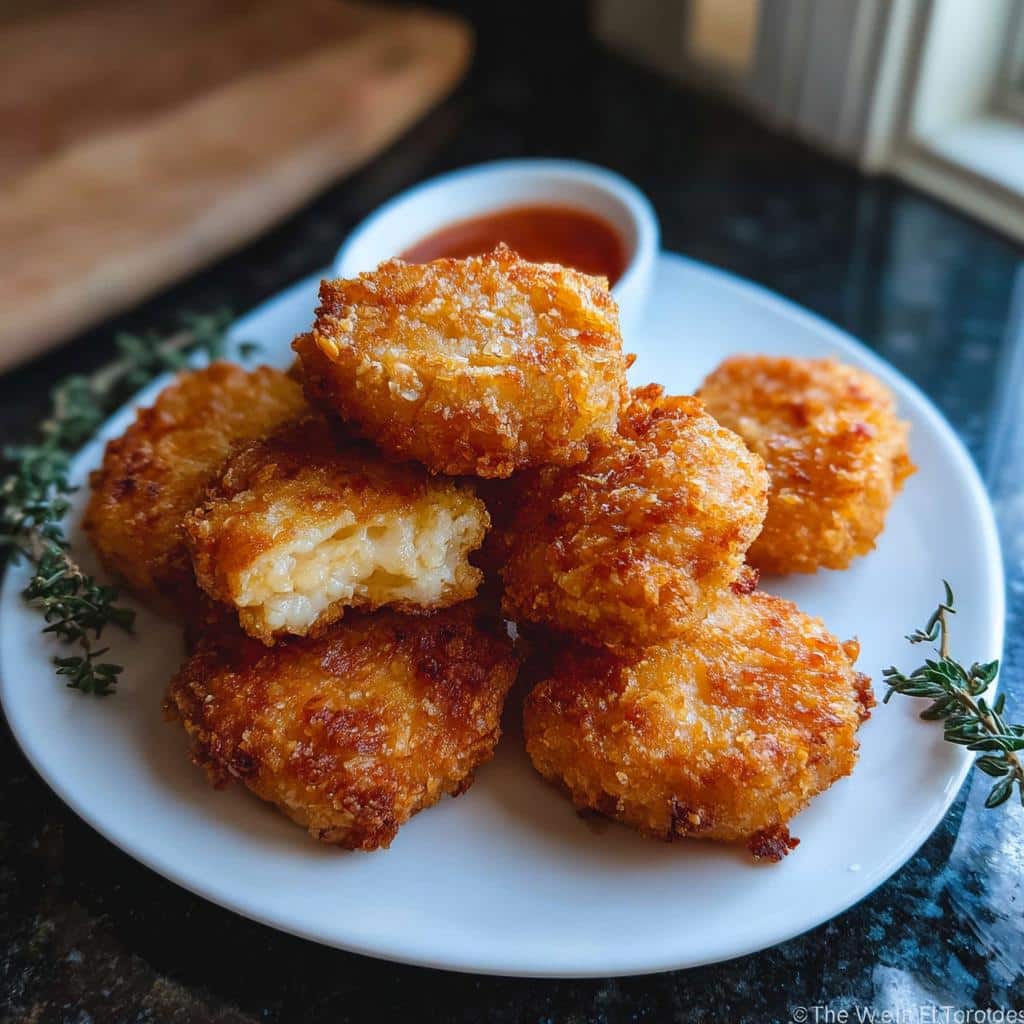 A stack of golden-brown, crispy Carnivore-Style Chicken Nuggets on a white plate with a dipping sauce.