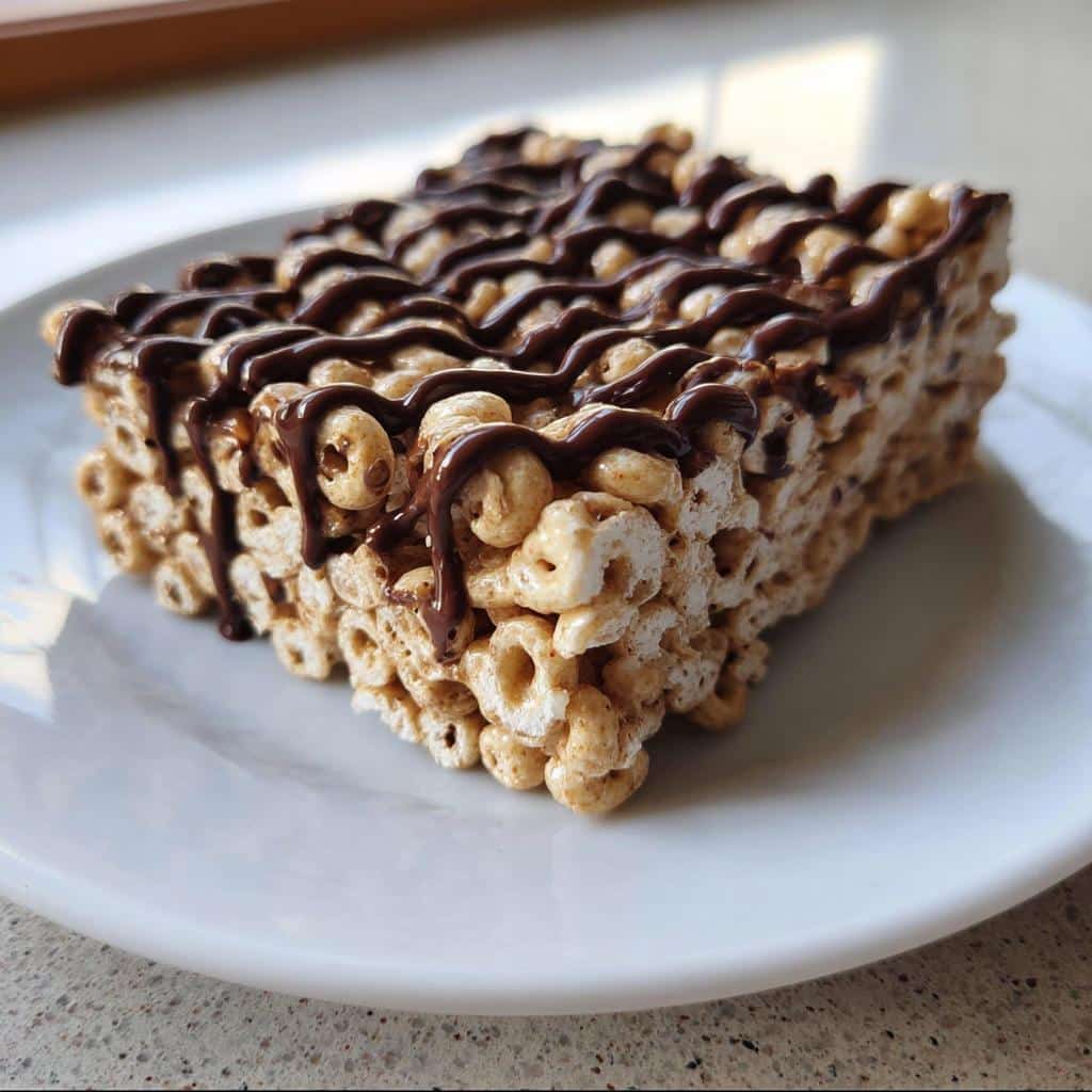 A single, thick square of Cheerio Marshmallow Snack Bars drizzled generously with melted chocolate.