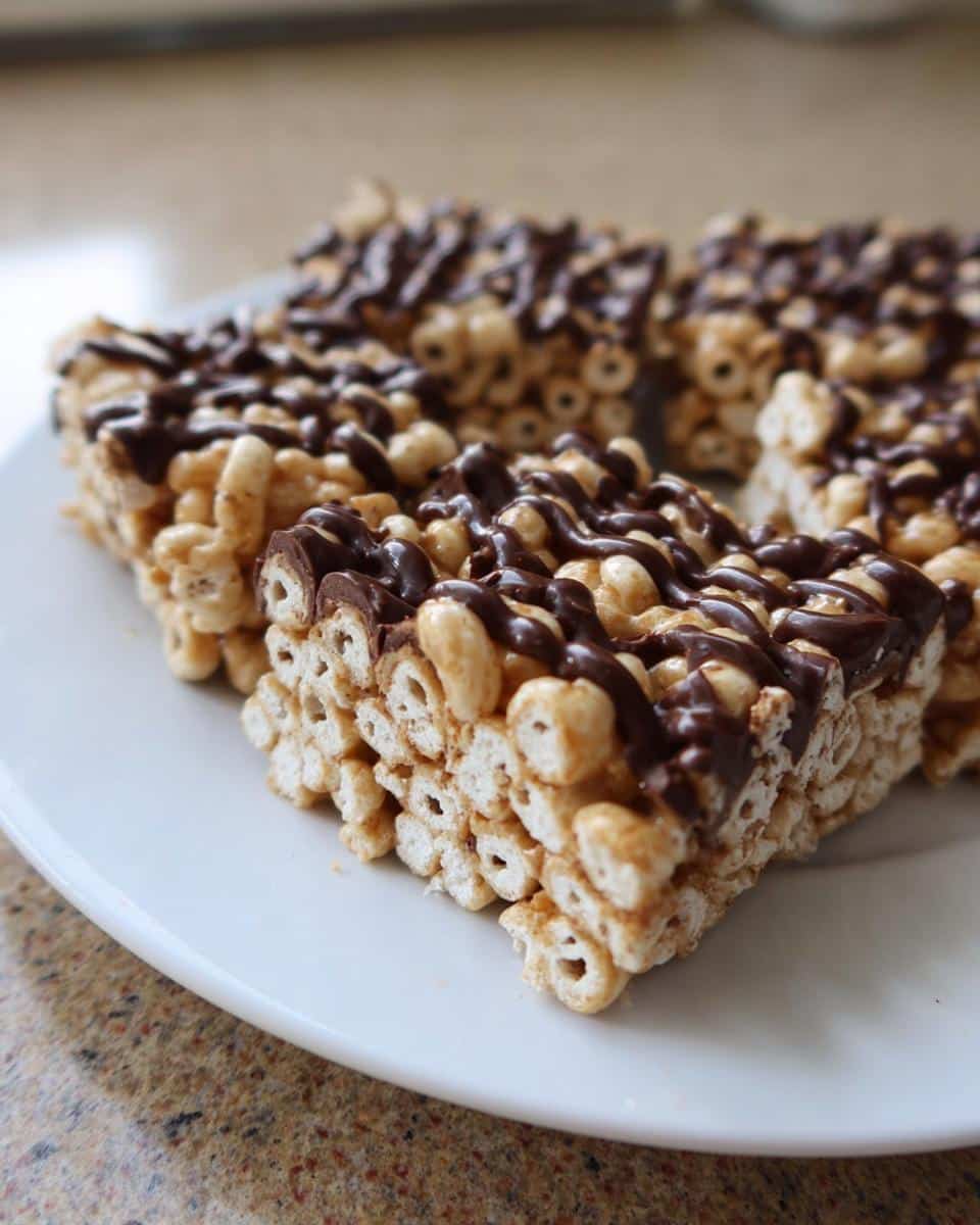Close-up of Cheerio Marshmallow Snack Bars drizzled with melted chocolate on a white plate.