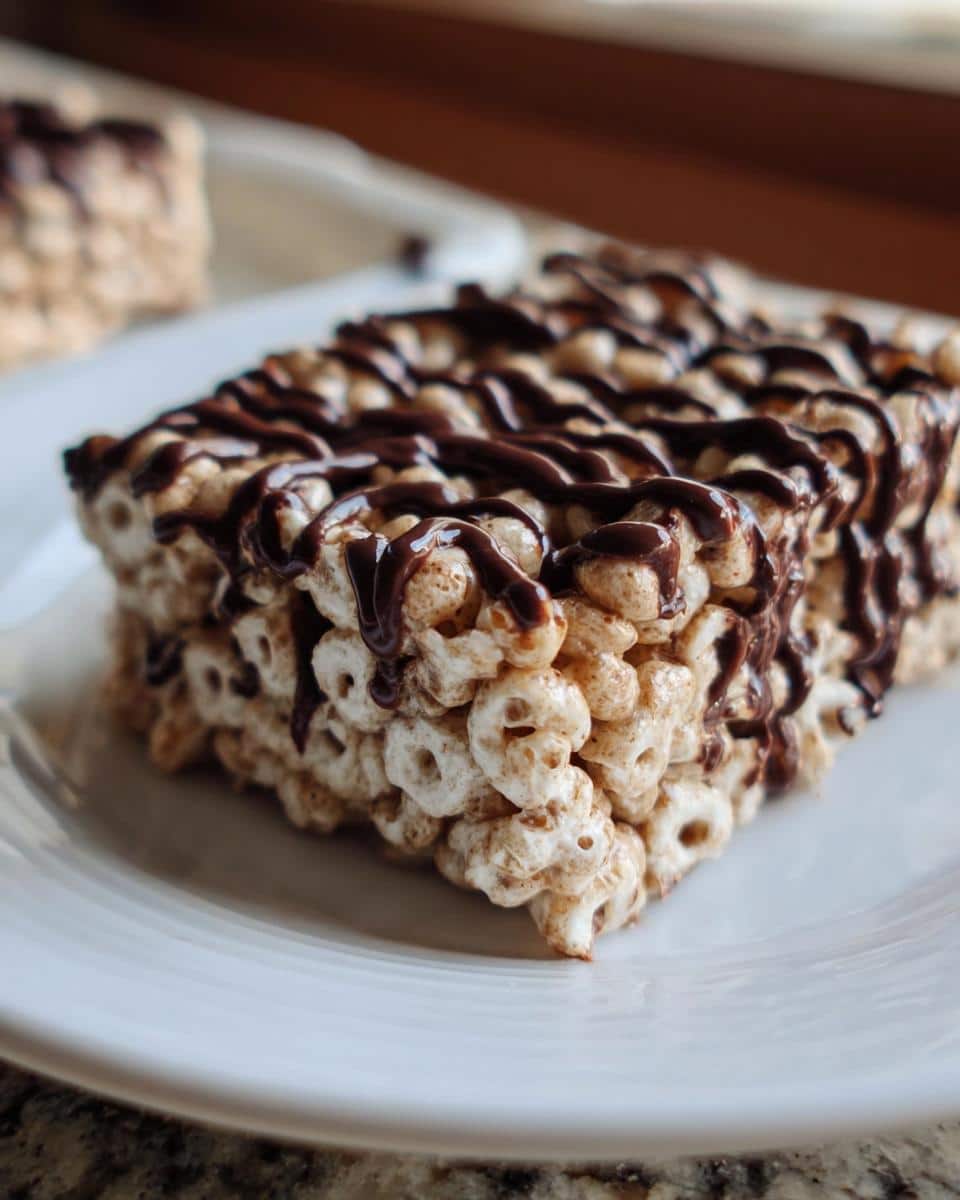 A close-up of a square Cheerio Marshmallow Snack Bars drizzled generously with melted chocolate.