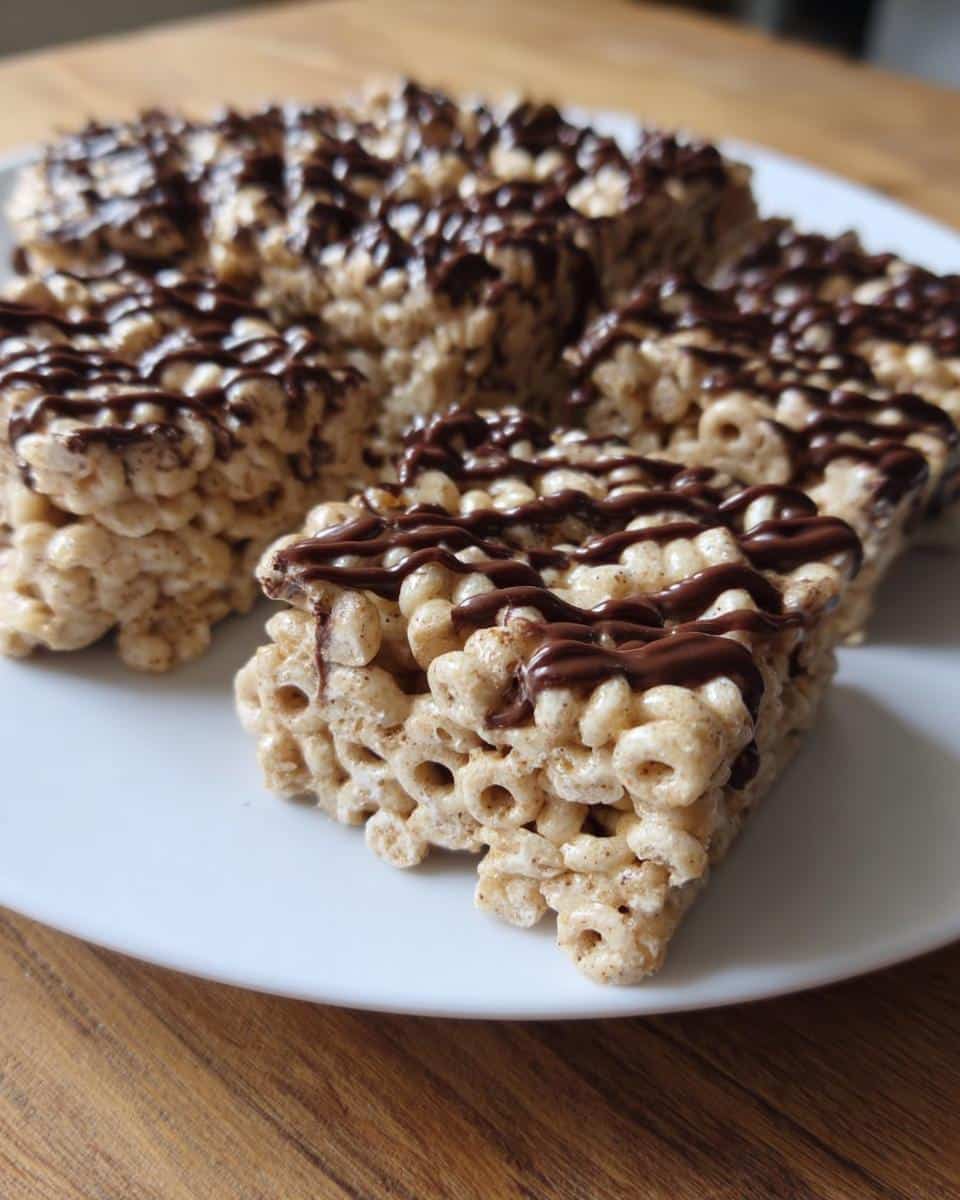 Close-up of Cheerio Marshmallow Snack Bars drizzled with melted chocolate on a white plate.