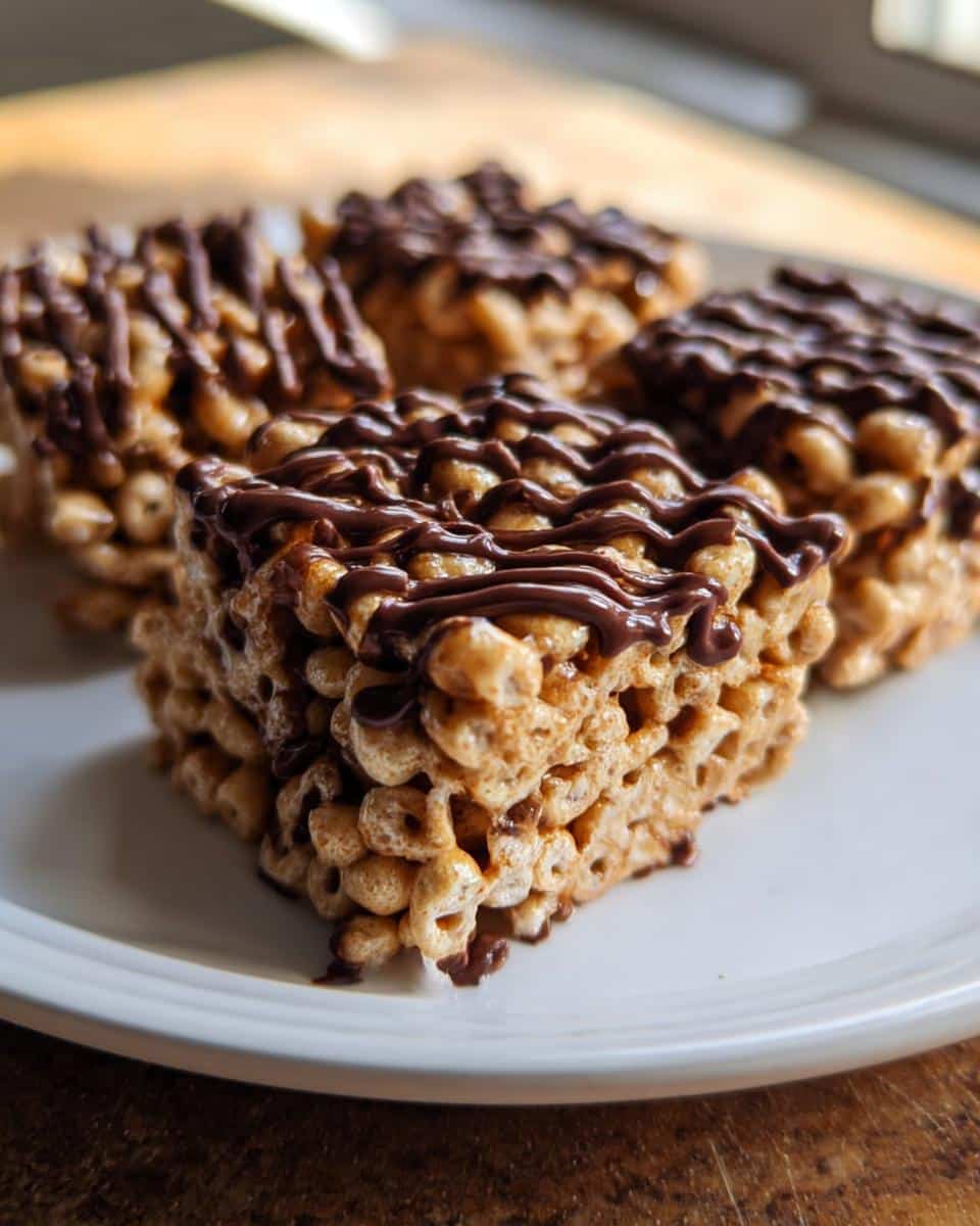 Close-up of square Cheerio Marshmallow Snack Bars drizzled with melted chocolate on a white plate.