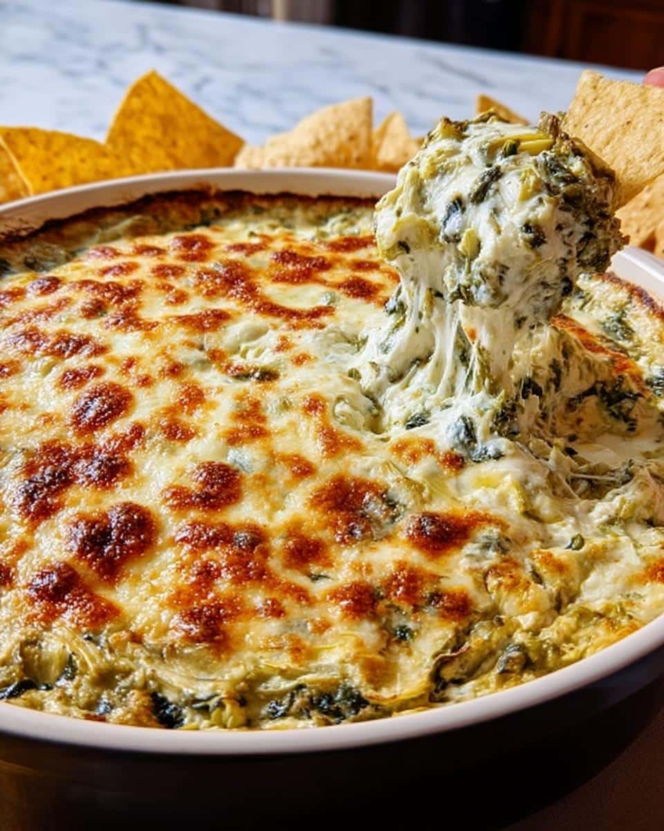 A chip scooping a cheesy, stringy portion of hot Baked Spinach Artichoke Dip from a casserole dish.