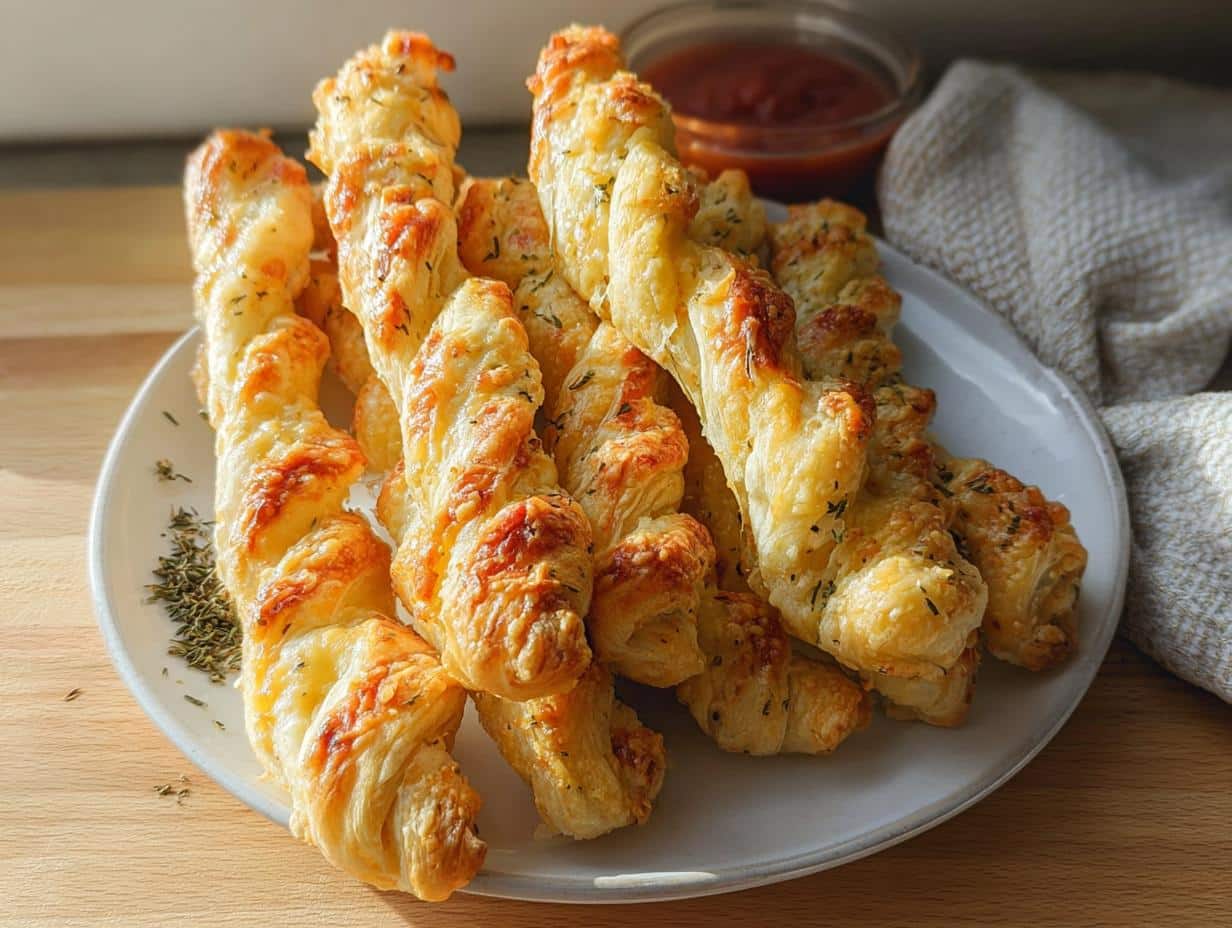A pile of golden brown Cheesy Herb Puff Pastry Twists sprinkled with dried herbs on a light plate.