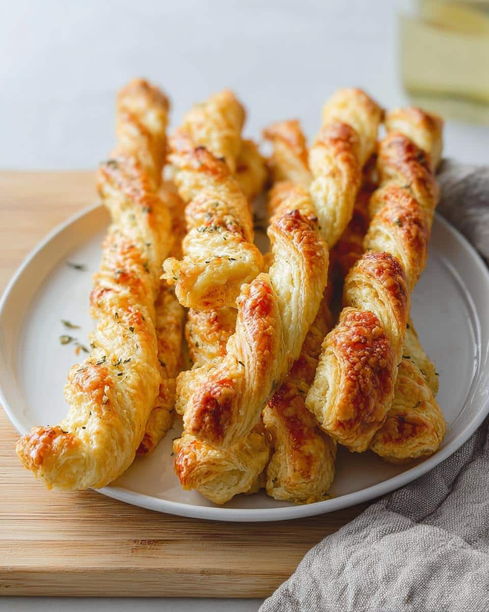 A pile of golden brown, flaky Cheesy Herb Puff Pastry Twists served on a white plate.