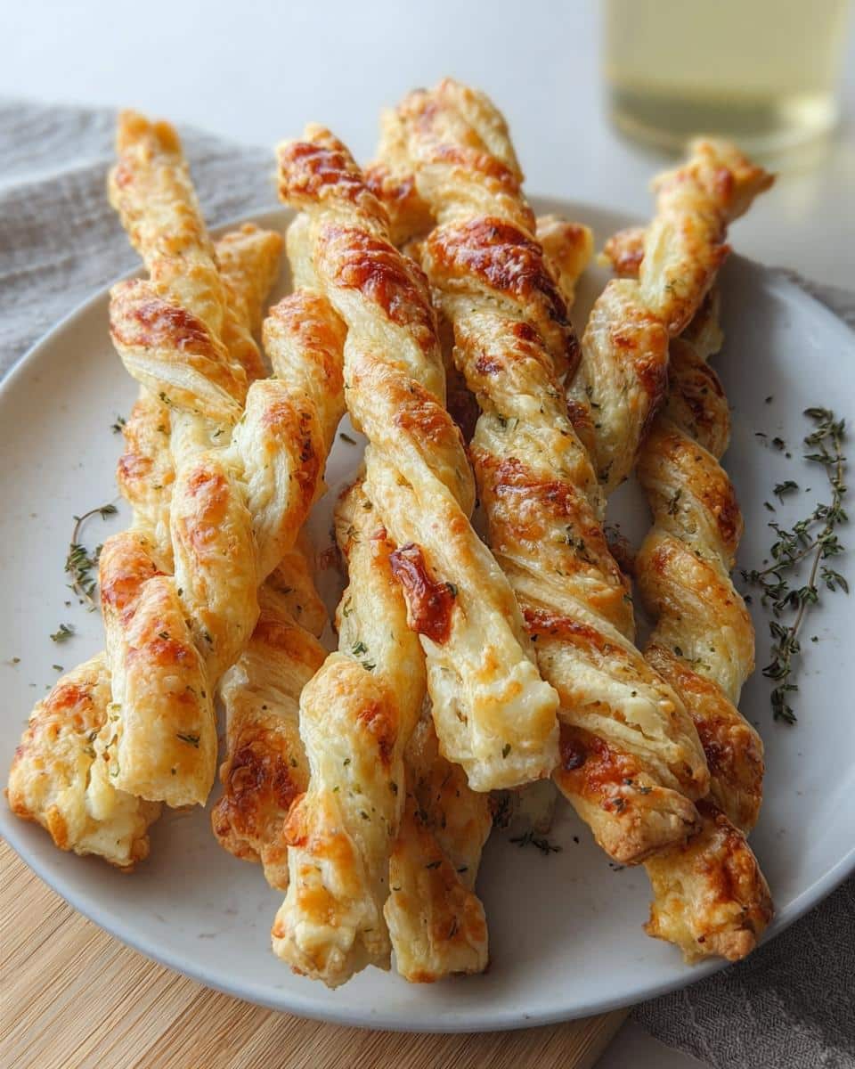 A pile of golden brown, flaky Cheesy Herb Puff Pastry Twists garnished with fresh thyme sprigs.