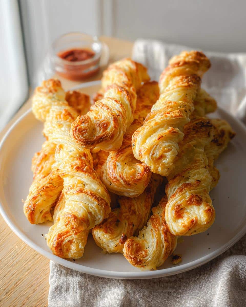 A pile of golden brown, flaky Cheesy Herb Puff Pastry Twists served on a white plate, with a small dipping sauce in the background.
