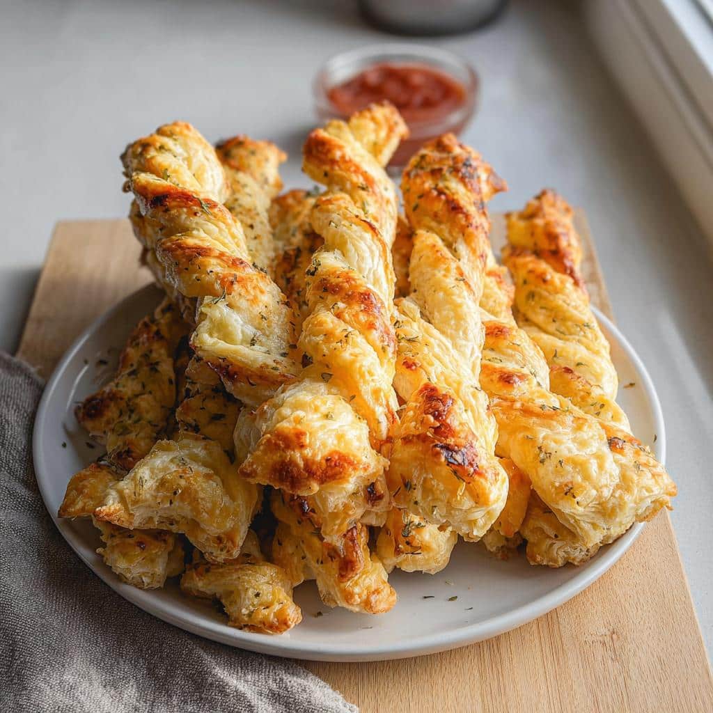 A pile of golden brown, flaky Cheesy Herb Puff Pastry Twists seasoned with herbs, served on a white plate.