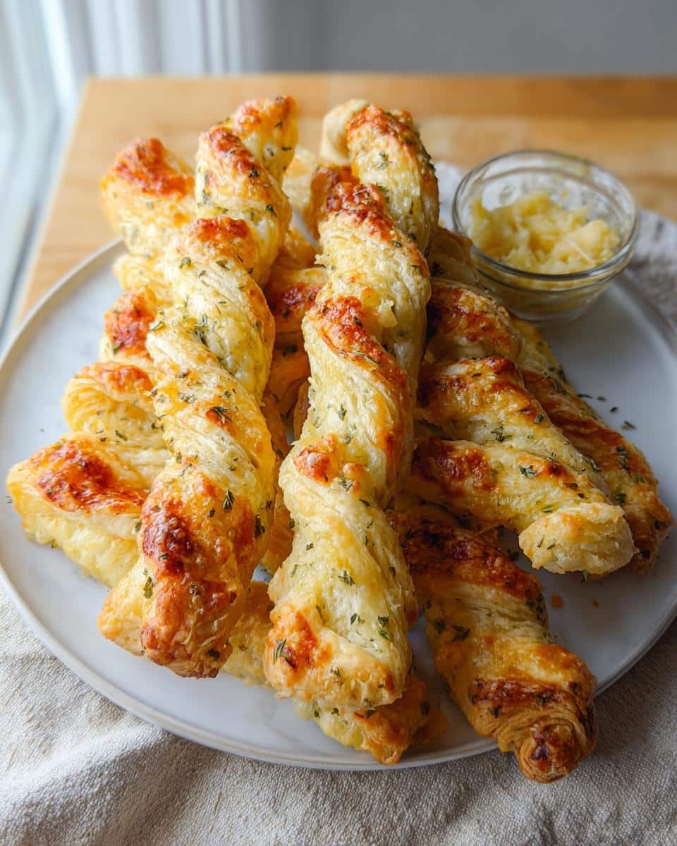 A pile of golden brown Cheesy Herb Puff Pastry Twists sprinkled with herbs on a white plate, served with a small bowl of dip.