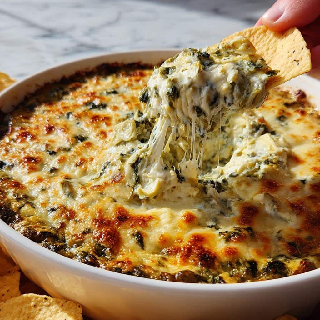 Close-up of a chip scooping a cheesy, stringy portion of hot Baked Spinach Artichoke Dip.