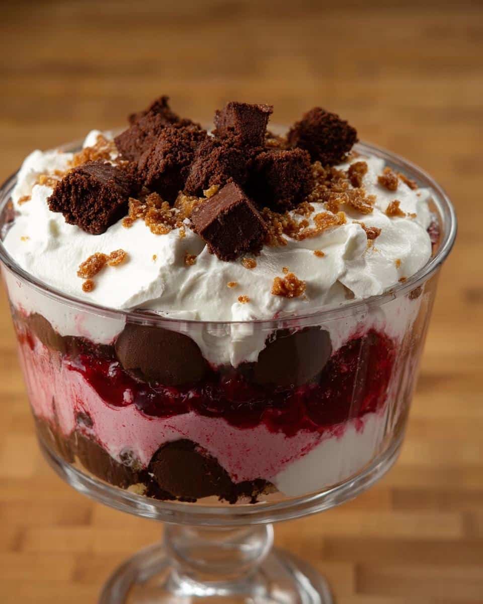 A layered Chocolate Cranberry Trifle in a glass bowl, topped with whipped cream and brownie pieces.