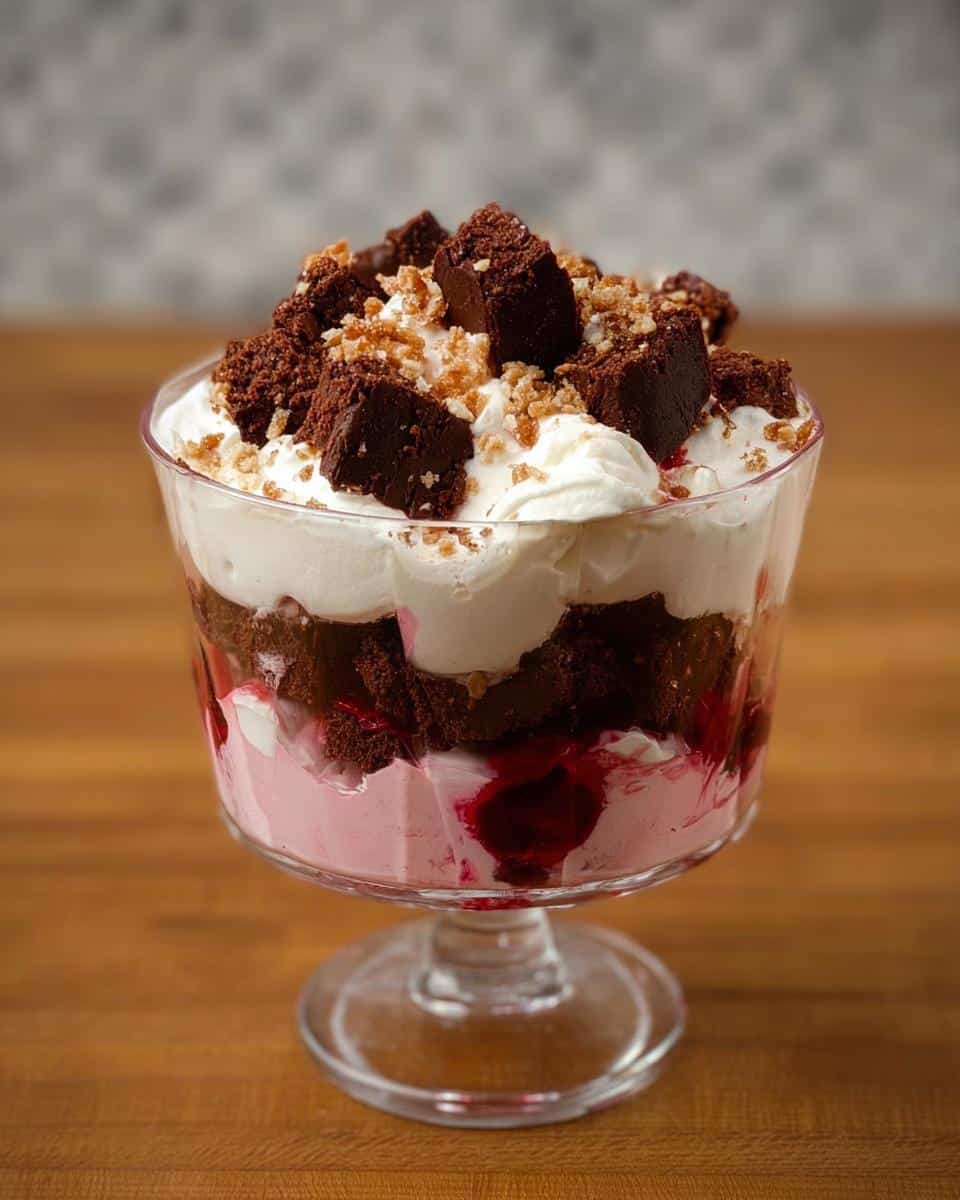 Layered Chocolate Cranberry Trifle dessert in a glass bowl, featuring chocolate cake, whipped cream, and cranberry sauce.