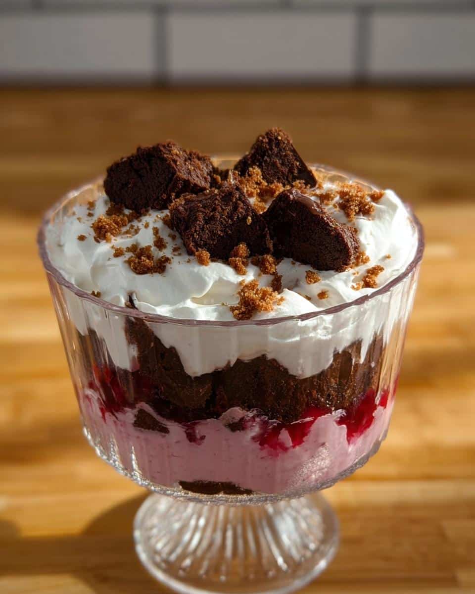 A layered Chocolate Cranberry Trifle in a glass bowl, showcasing cranberry sauce, chocolate cake, and whipped cream.