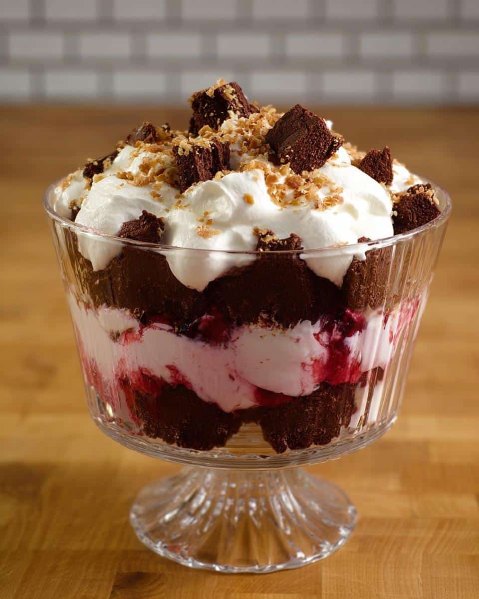 Delicious Chocolate Cranberry Trifle layered in a clear glass bowl, topped with whipped cream and brownie bites.