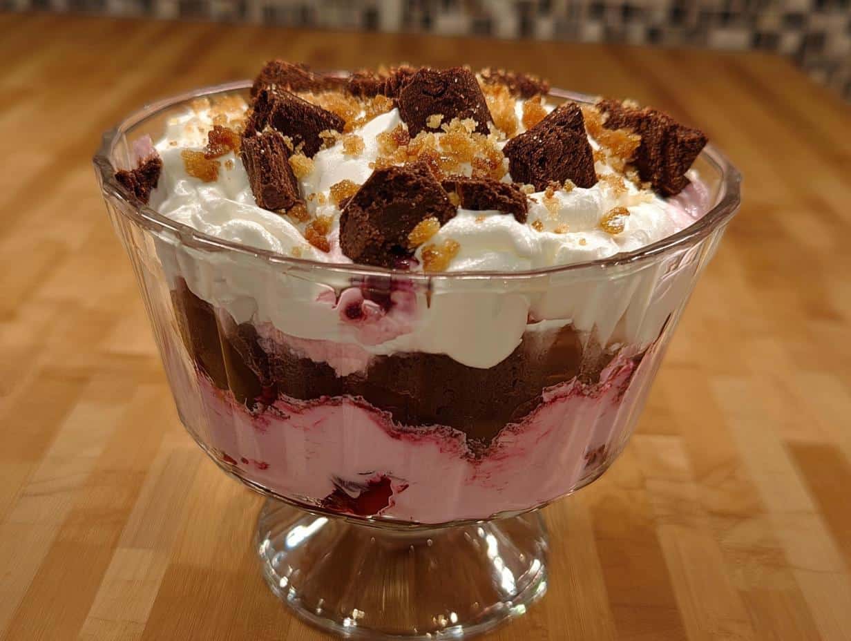 A layered Chocolate Cranberry Trifle in a glass bowl, topped with whipped cream and brownie pieces.