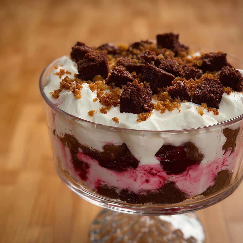 A delicious Chocolate Cranberry Trifle in a glass bowl, showcasing layers of cake, cranberries, and whipped cream.