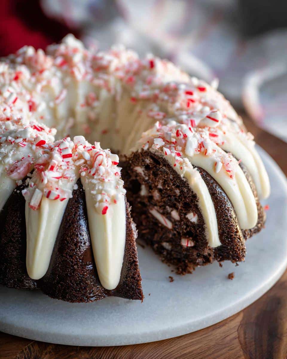 A chocolate peppermint bundt cake with a slice cut out, topped with white icing and crushed candy canes.