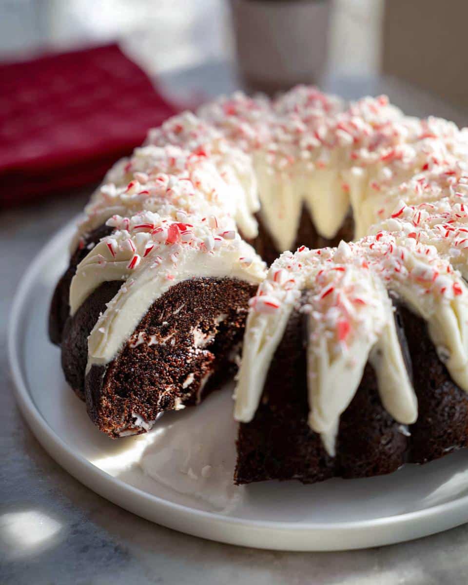 A chocolate peppermint bundt cake topped with white frosting and crushed peppermint candies, with a slice removed.