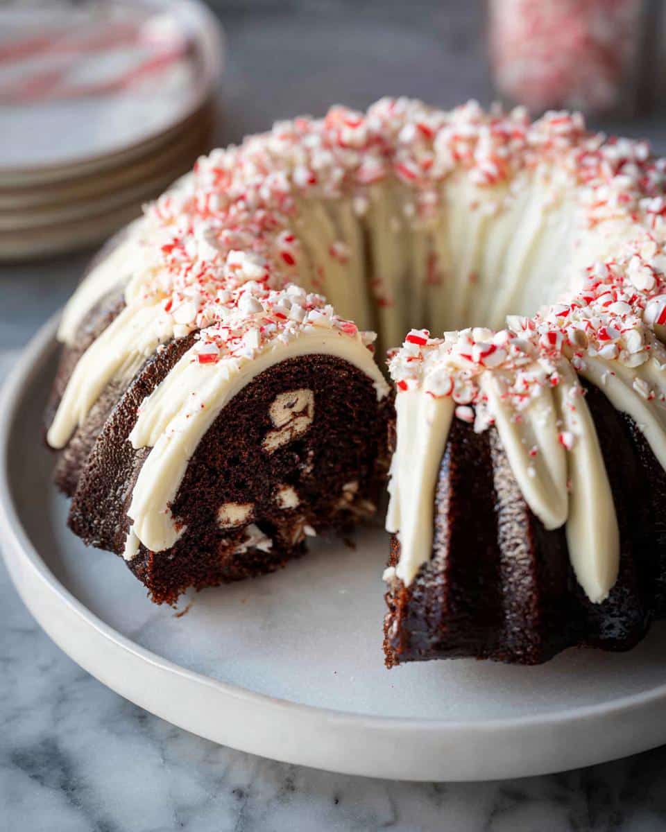 A slice removed from a Chocolate Peppermint Bundt Cake, revealing white chocolate chunks and peppermint topping.