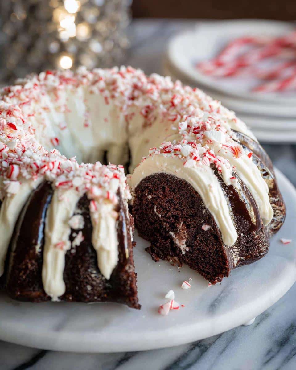A delicious Chocolate Peppermint Bundt Cake with a slice cut out, revealing the moist interior and peppermint topping.