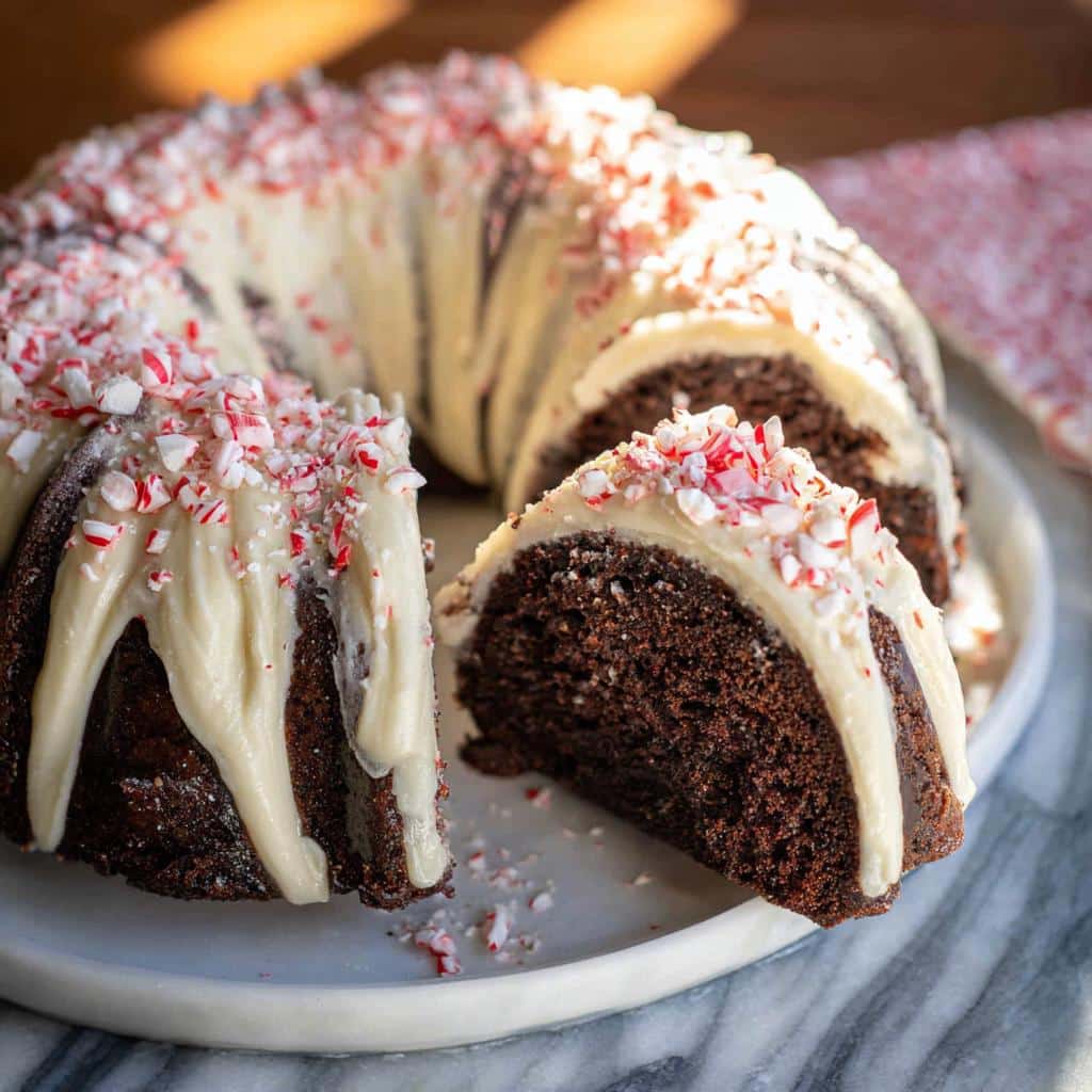 Chocolate Peppermint Bundt Cake on a plate with a slice cut out, topped with icing and crushed peppermint candies.