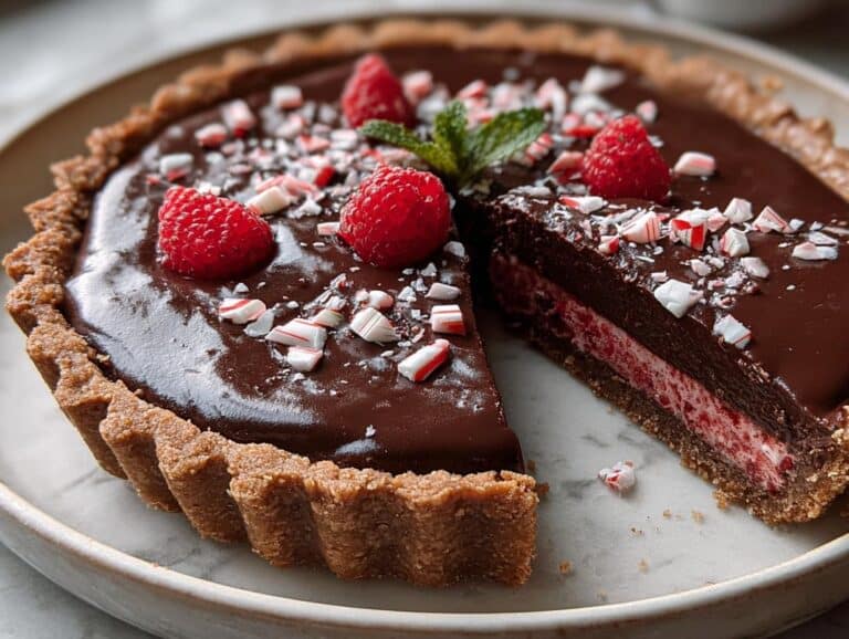 A delicious Chocolate Peppermint Tart topped with raspberries and crushed peppermint candies.