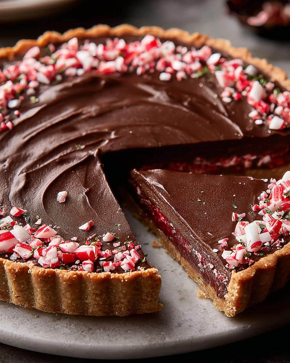 A decadent Chocolate Peppermint Tart with a slice cut out, revealing layers of chocolate and peppermint filling.