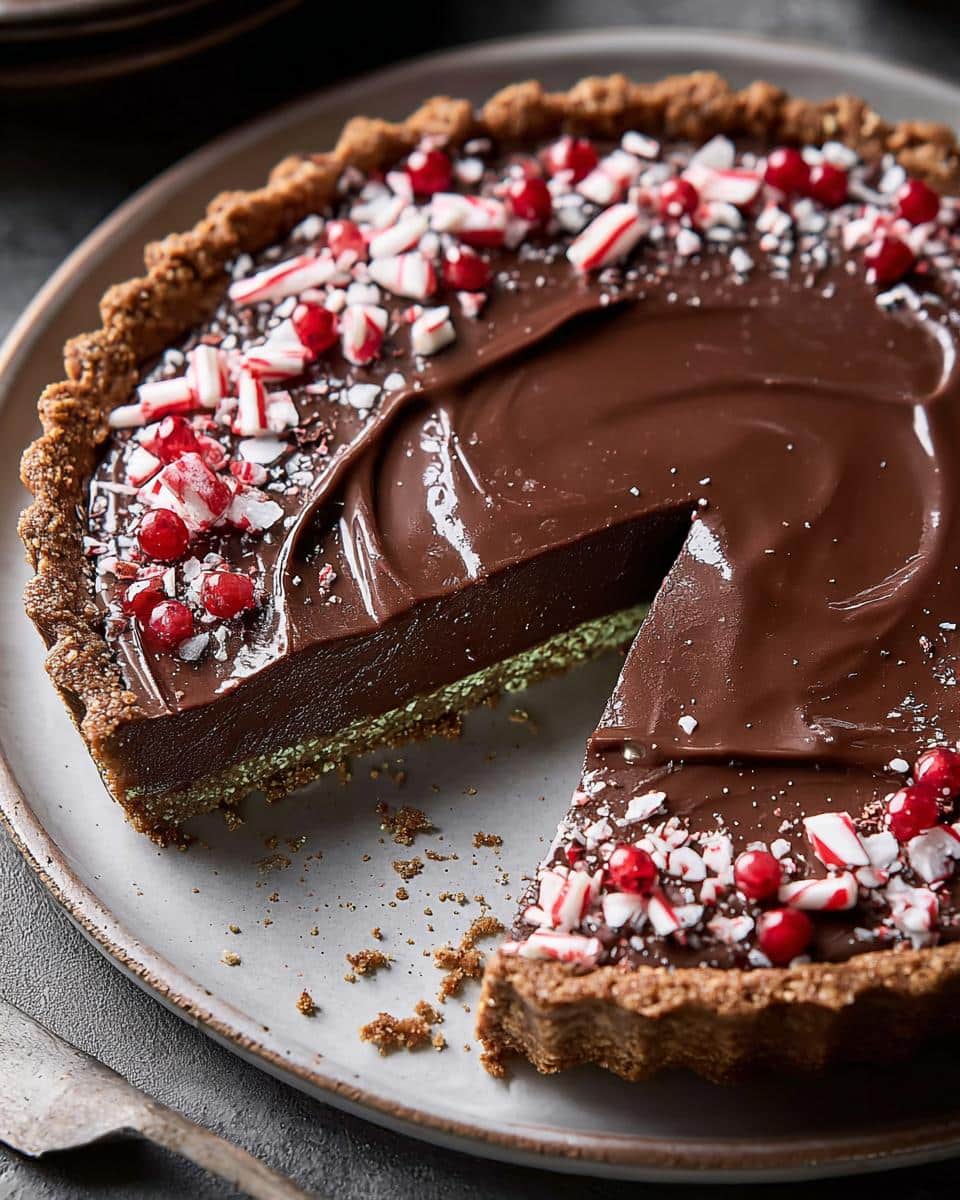 A delicious Chocolate Peppermint Tart with a slice missing, decorated with crushed peppermint candies and red berries.