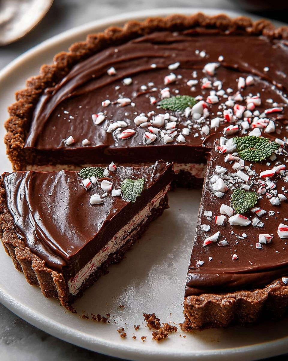 A delicious Chocolate Peppermint Tart with a slice cut out, topped with crushed candy canes and mint leaves.