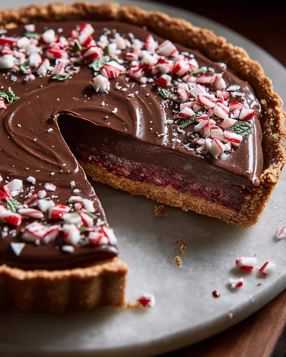 A delicious Chocolate Peppermint Tart with a slice cut out, topped with crushed peppermint candy and mint.