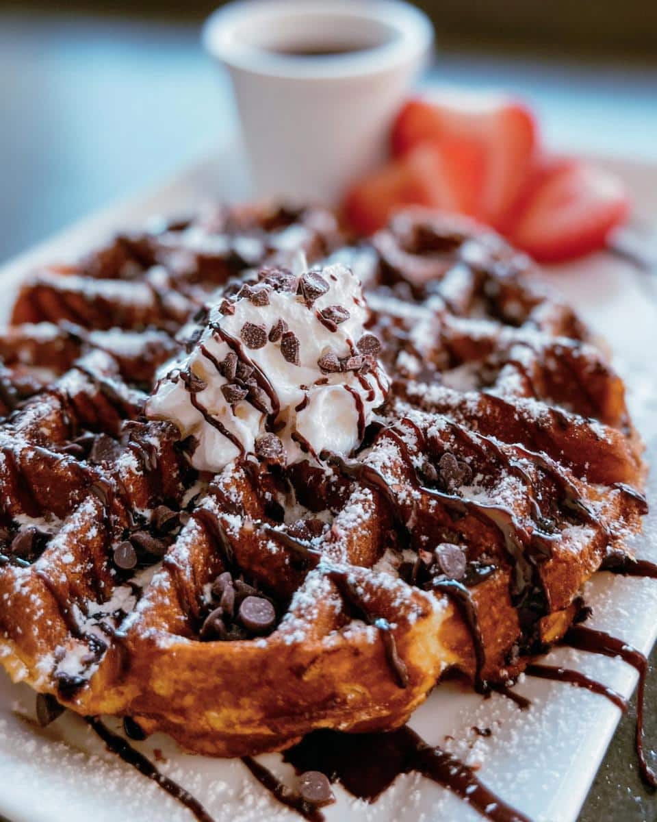 A delicious Chocolate Peppermint Waffles topped with whipped cream, chocolate chips, and syrup.