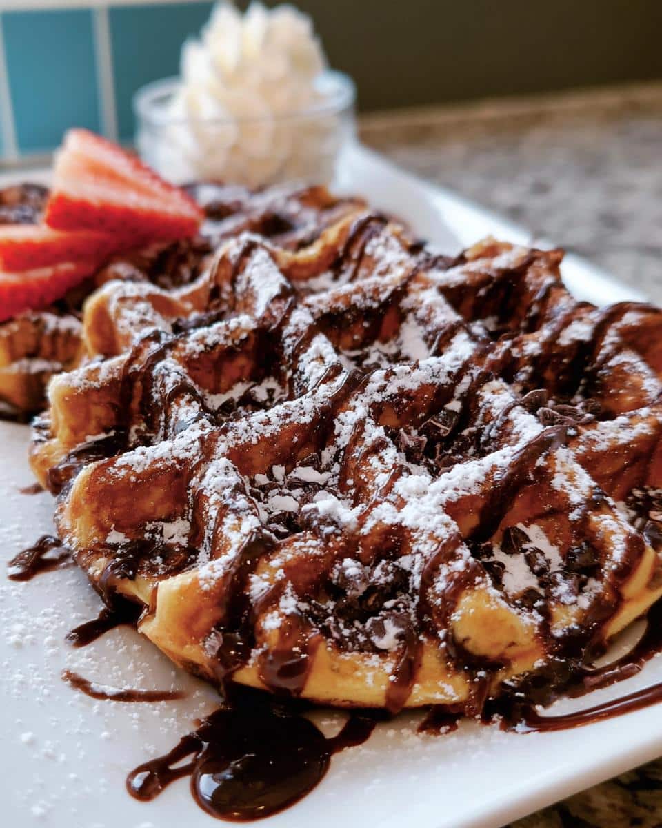 A plate of Chocolate Peppermint Waffles topped with chocolate sauce, powdered sugar, strawberries, and whipped cream.