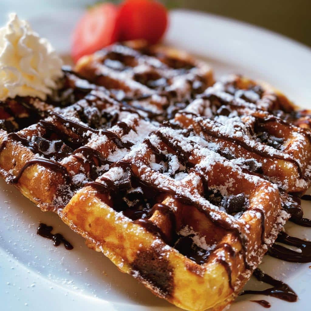 Delicious Chocolate Peppermint Waffles drizzled with chocolate and topped with powdered sugar and whipped cream.