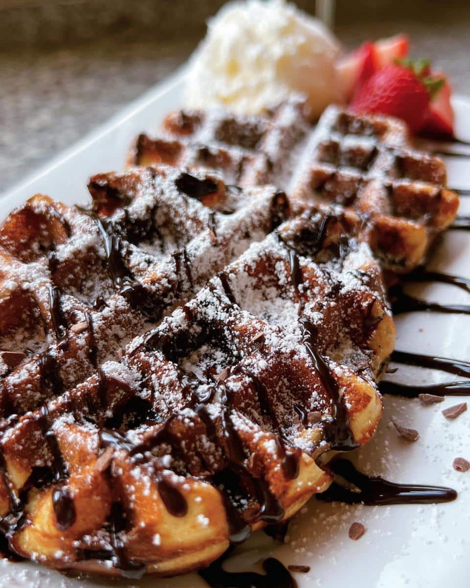 Delicious Chocolate Peppermint Waffles topped with chocolate syrup, powdered sugar, whipped cream and strawberries.