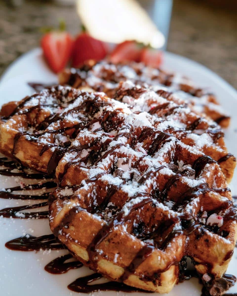A plate of Chocolate Peppermint Waffles drizzled with chocolate, powdered sugar, and served with fresh strawberries.
