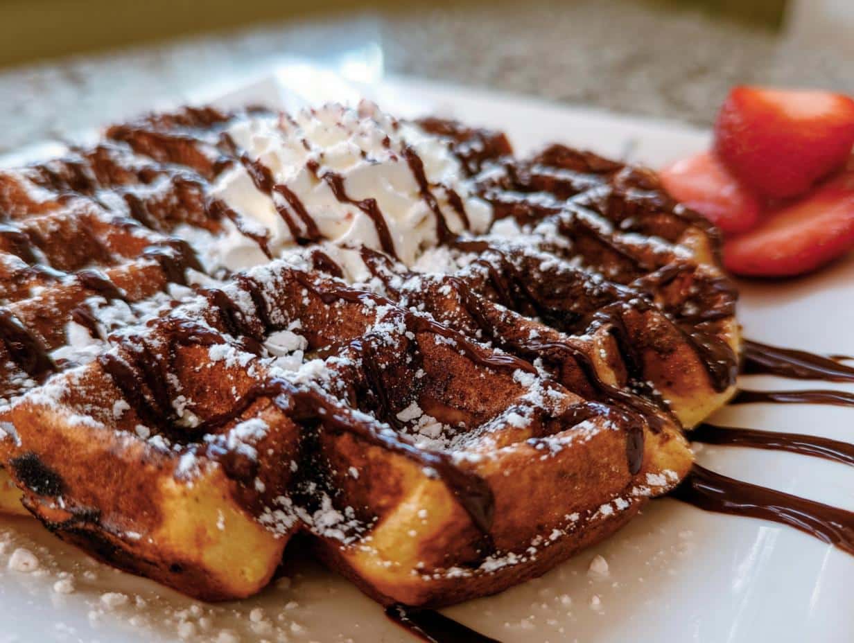 A delicious Chocolate Peppermint Waffles topped with whipped cream, chocolate syrup, powdered sugar, and strawberries.