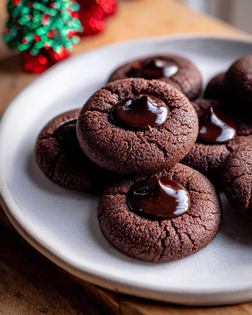 A plate of homemade Chocolate Thumbprint Cookies with a glossy chocolate filling in the center of each cookie.