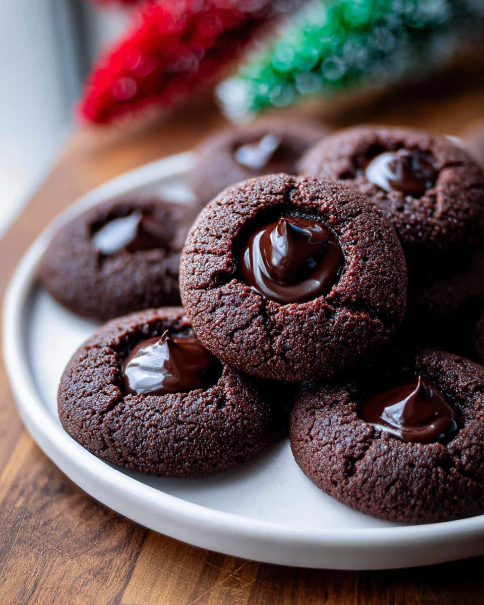 A plate of delicious Chocolate Thumbprint Cookies with a glossy chocolate filling in the center.