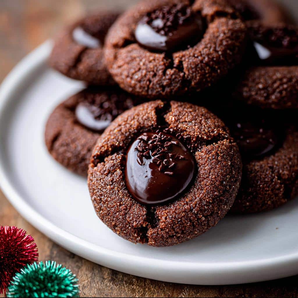 A stack of delicious Chocolate Thumbprint Cookies on a white plate, topped with chocolate ganache and sprinkles.
