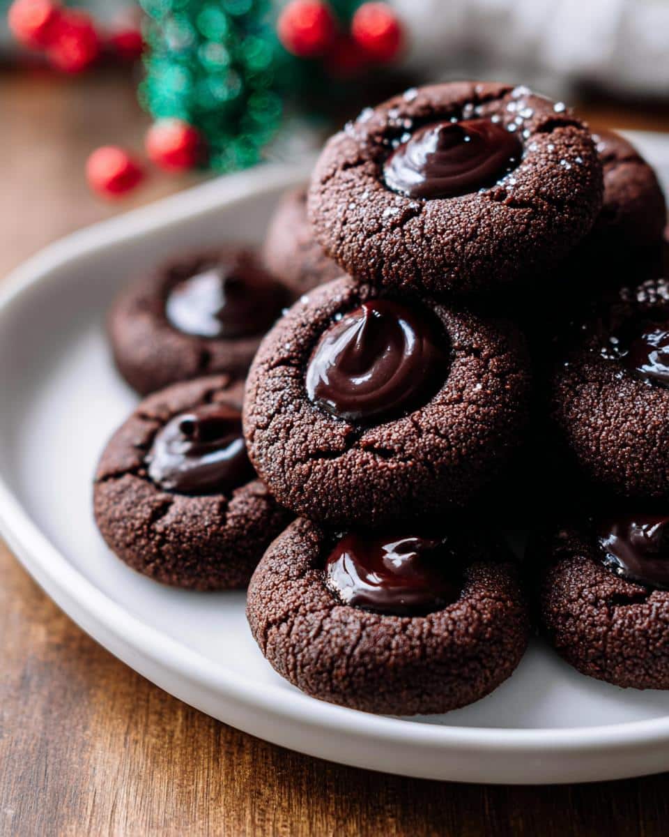 A stack of delicious Chocolate Thumbprint Cookies on a white plate, filled with rich chocolate ganache.