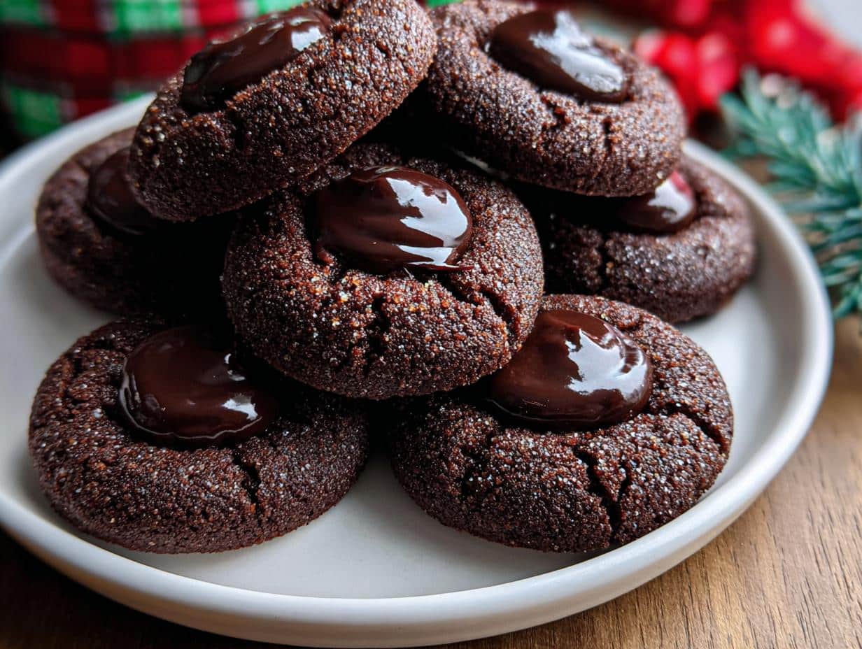 A stack of delicious Chocolate Thumbprint Cookies with a glossy chocolate filling on a white plate.