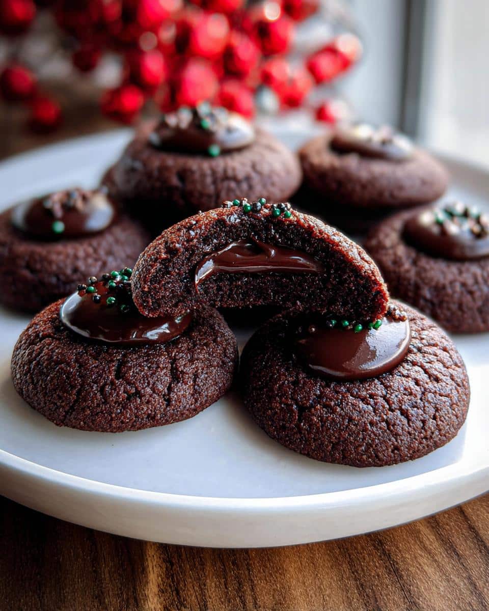 A batch of Chocolate Thumbprint Cookies, one cut in half to show the chocolate filling.