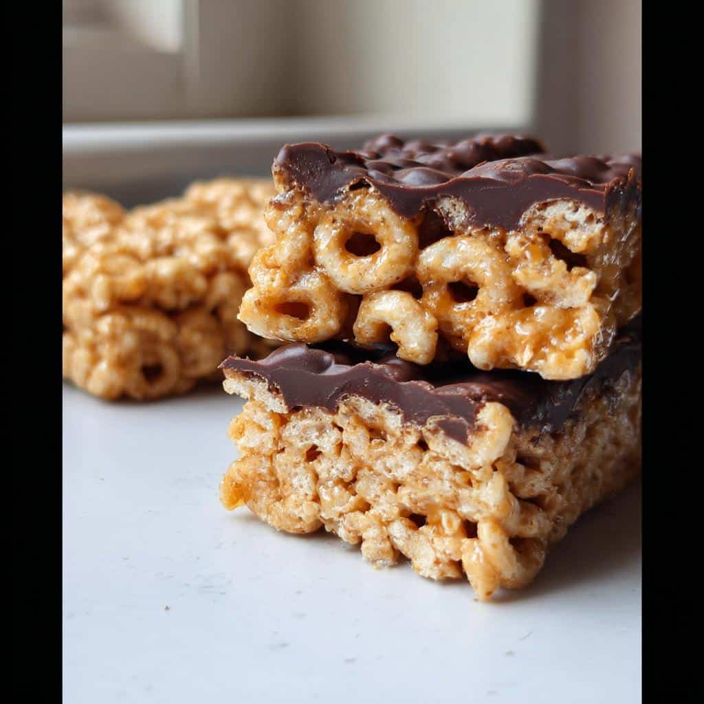 Two stacked, thick Lunchbox Cheerio Bars with a gooey center and rich dark chocolate topping.