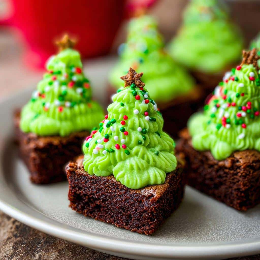 Festive Christmas Brownie Bites with Christmas Sprinkles, decorated with green frosting and colorful sprinkles.
