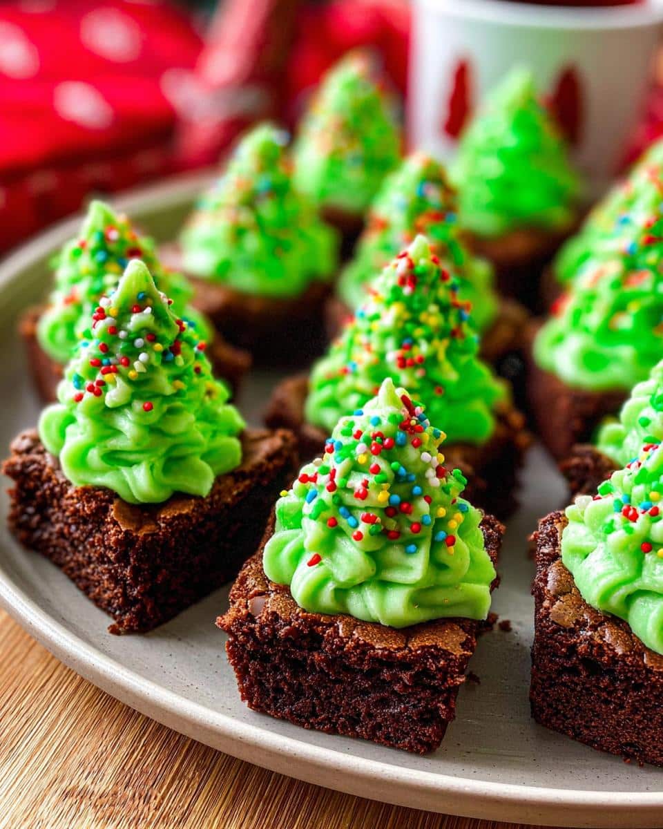 Festive Brownie Bites with Christmas Sprinkles, decorated with green frosting trees.